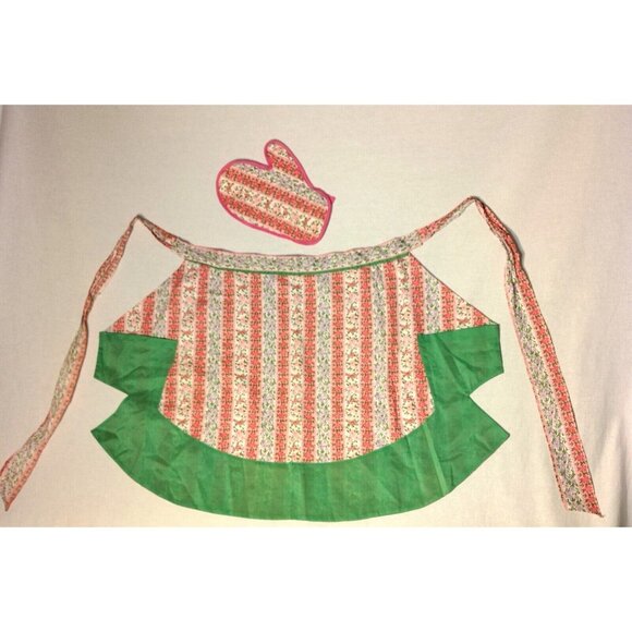 Vintage Homemade Kitchen Half Apron And Oven Mitt Pink Green Floral - Picture 2 of 15